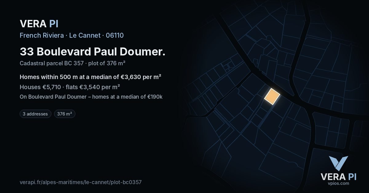 33 Boulevard Paul Doumer, Le Cannet at night – the plot lit, the parcels around coloured by the prices near them
