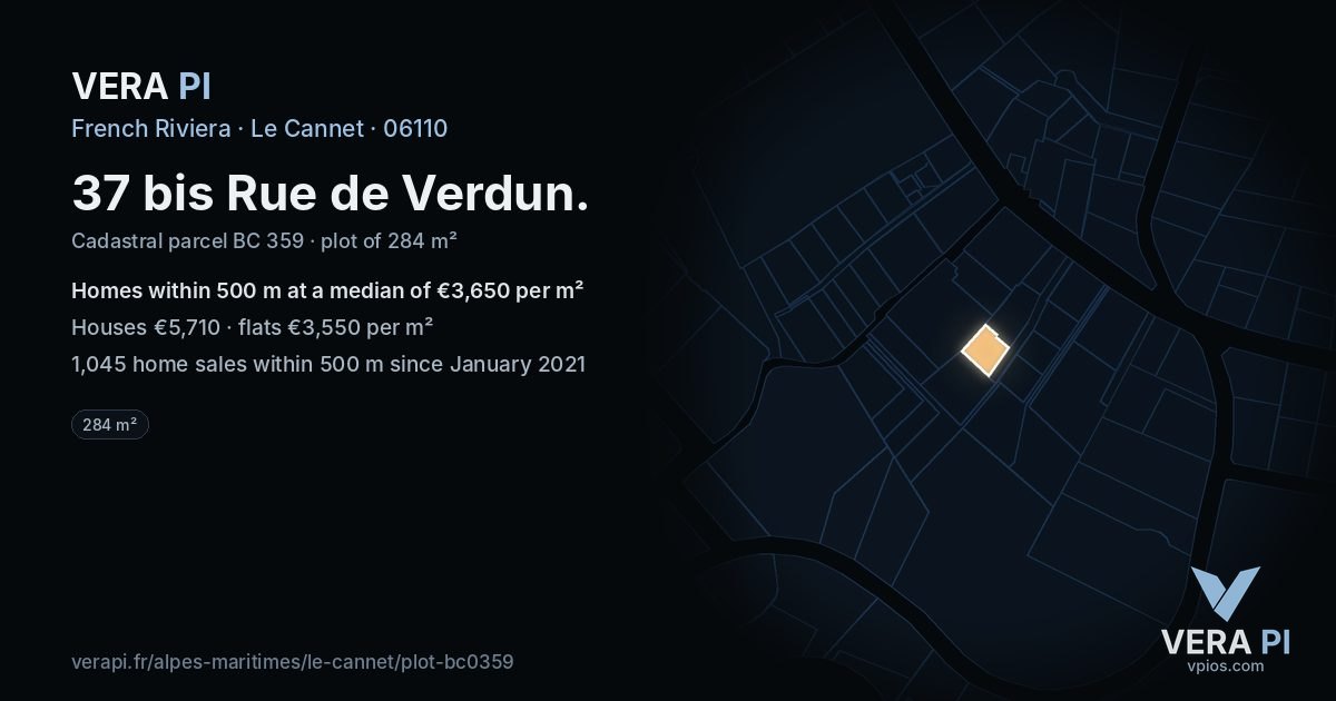 37 bis Rue de Verdun, Le Cannet at night – the plot lit, the parcels around coloured by the prices near them
