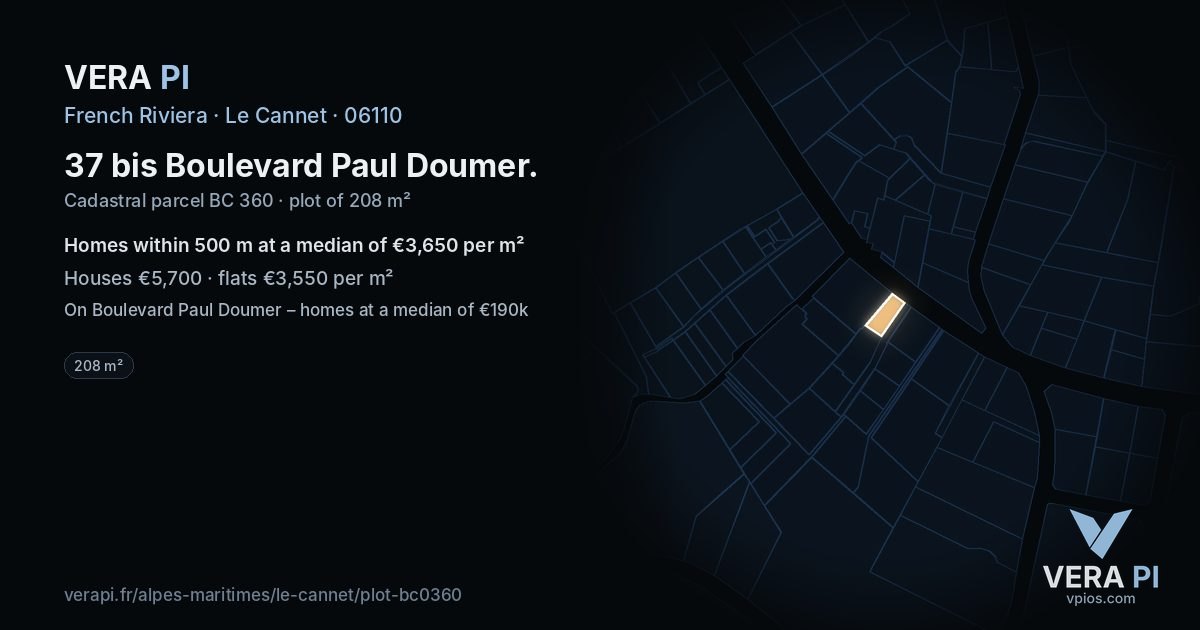 37 bis Boulevard Paul Doumer, Le Cannet at night – the plot lit, the parcels around coloured by the prices near them