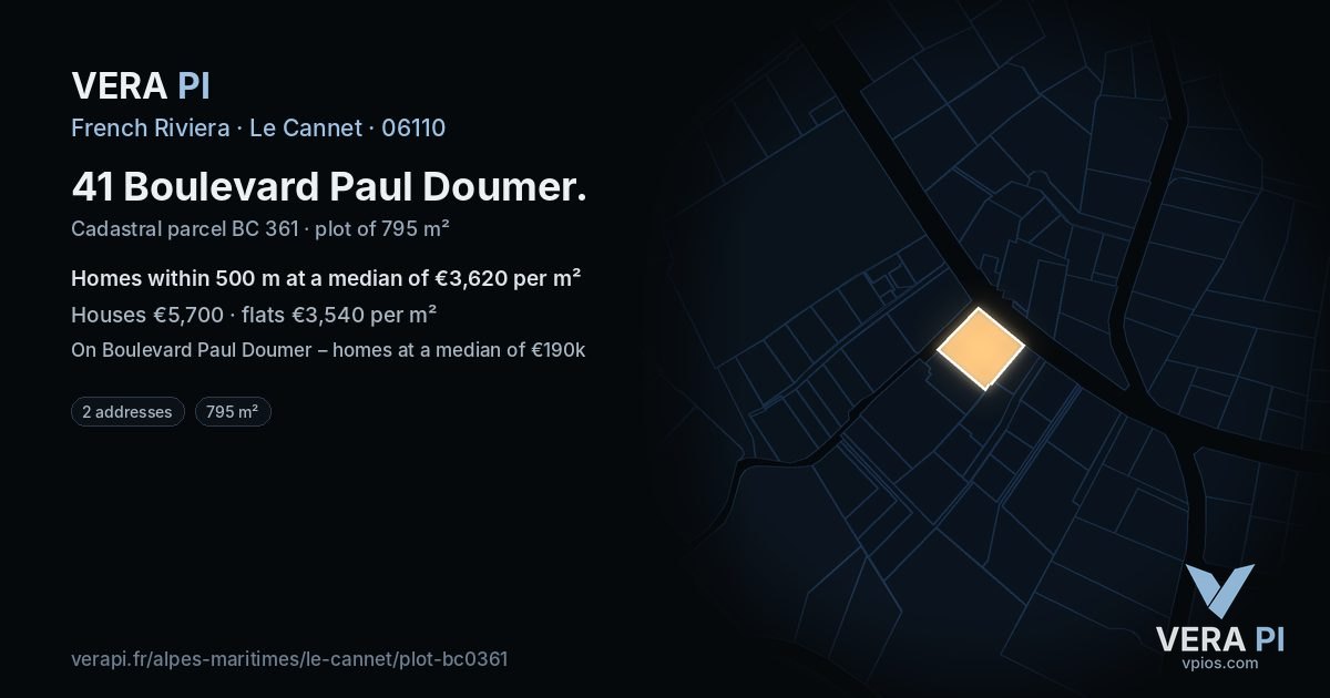 41 Boulevard Paul Doumer, Le Cannet at night – the plot lit, the parcels around coloured by the prices near them