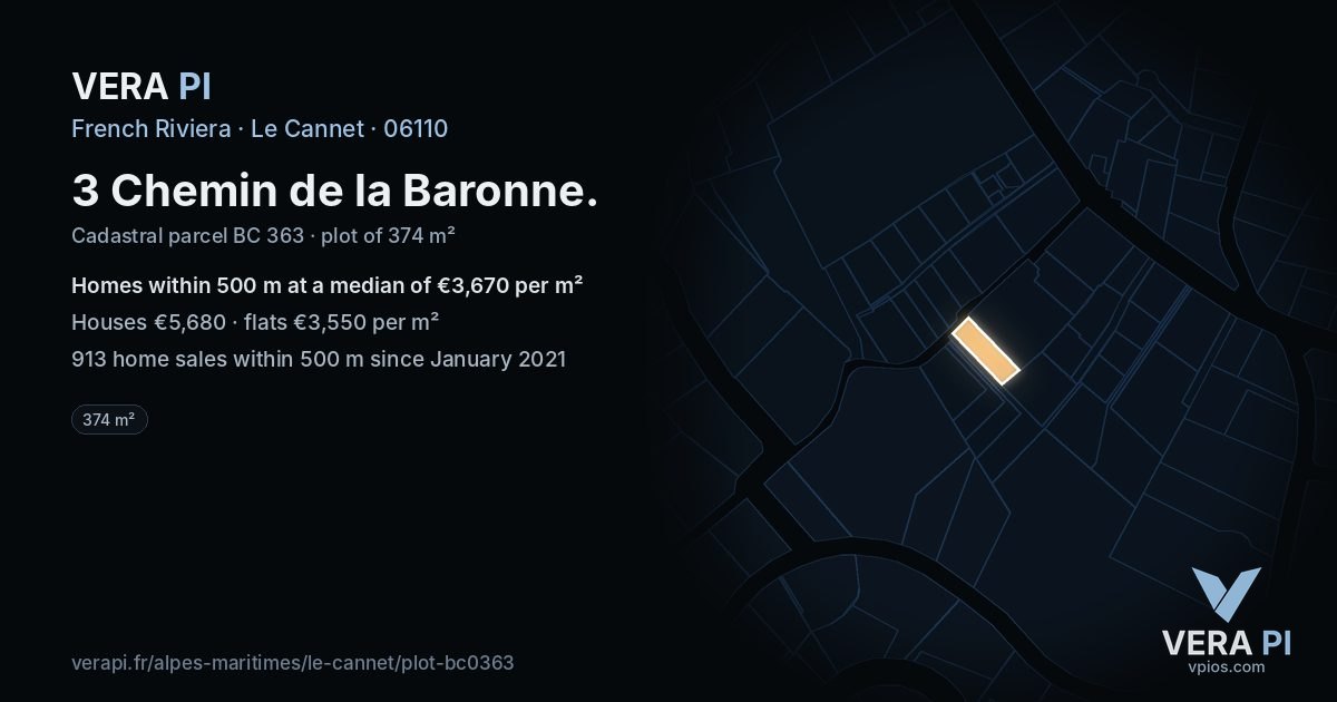 3 Chemin de la Baronne, Le Cannet at night – the plot lit, the parcels around coloured by the prices near them