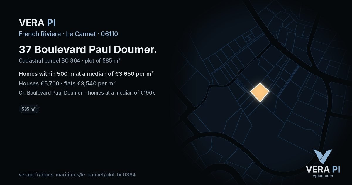 37 Boulevard Paul Doumer, Le Cannet at night – the plot lit, the parcels around coloured by the prices near them