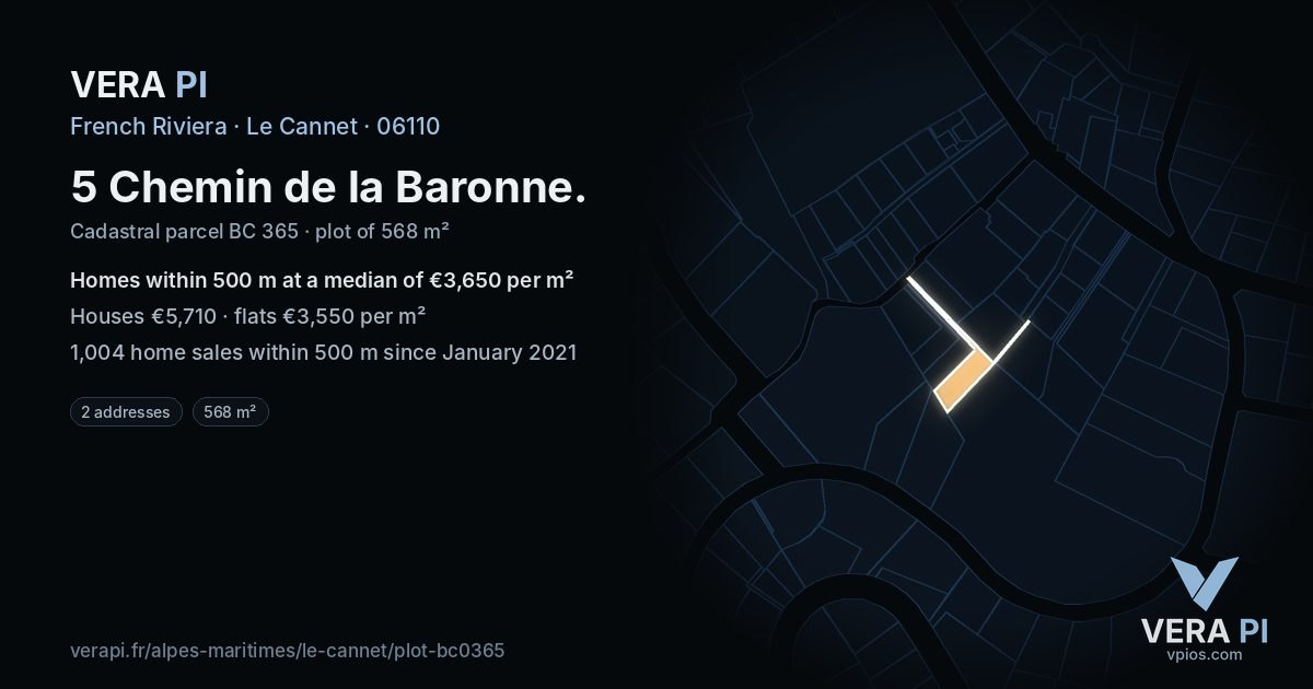 5 Chemin de la Baronne, Le Cannet at night – the plot lit, the parcels around coloured by the prices near them