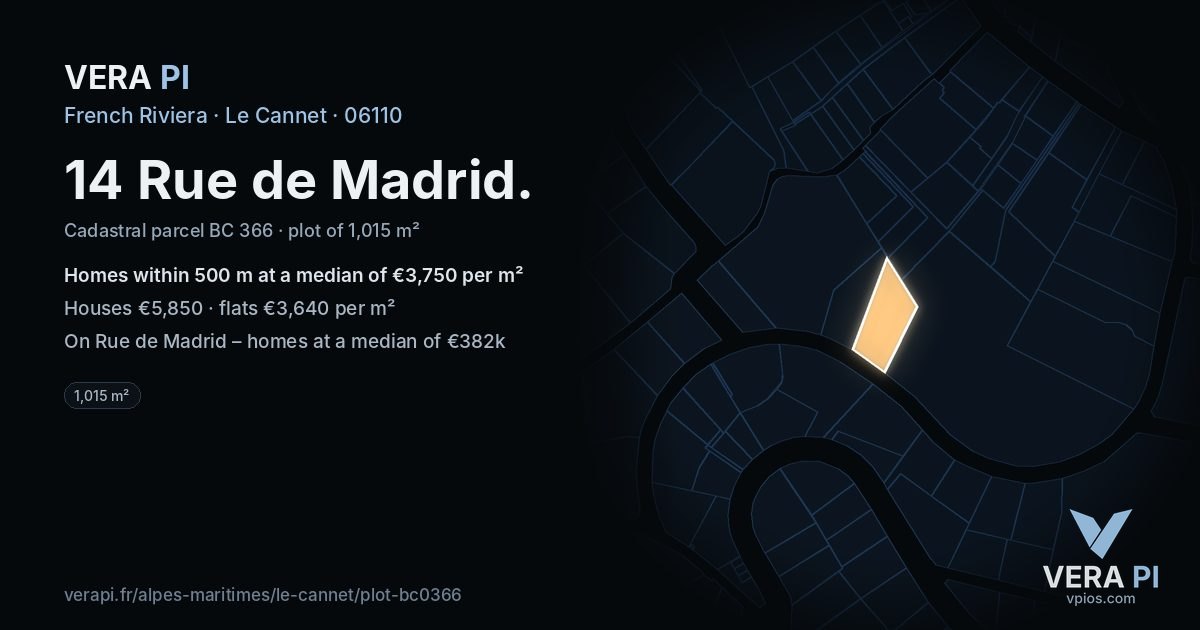 14 Rue de Madrid, Le Cannet at night – the plot lit, the parcels around coloured by the prices near them