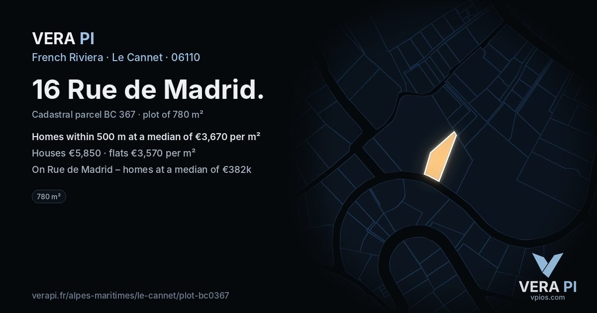 16 Rue de Madrid, Le Cannet at night – the plot lit, the parcels around coloured by the prices near them