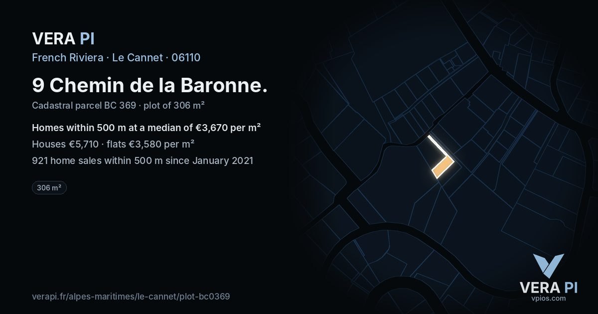 9 Chemin de la Baronne, Le Cannet at night – the plot lit, the parcels around coloured by the prices near them