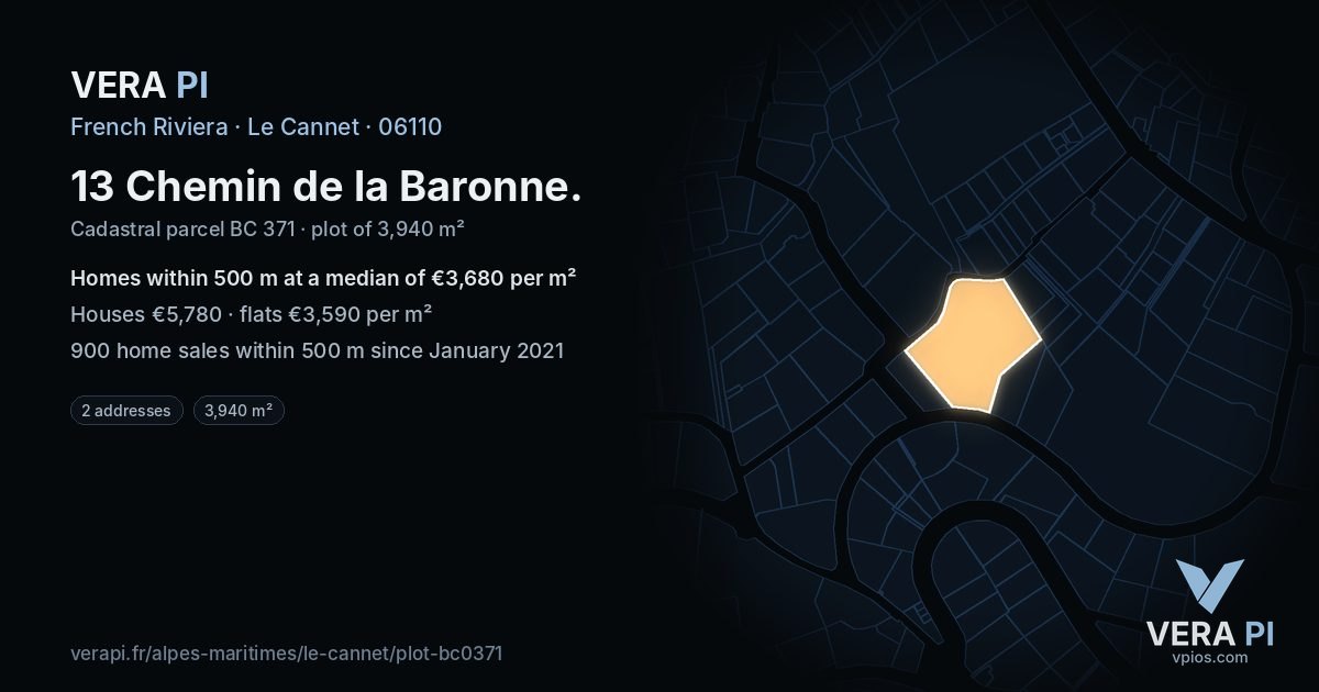 13 Chemin de la Baronne, Le Cannet at night – the plot lit, the parcels around coloured by the prices near them