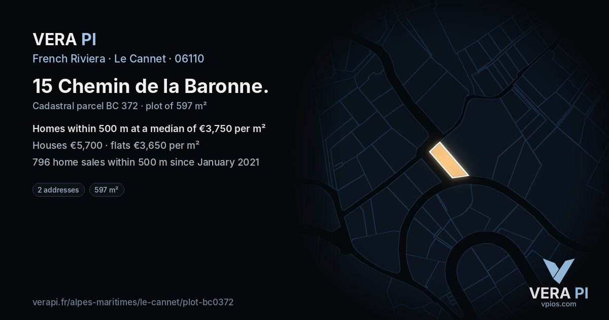 15 Chemin de la Baronne, Le Cannet at night – the plot lit, the parcels around coloured by the prices near them