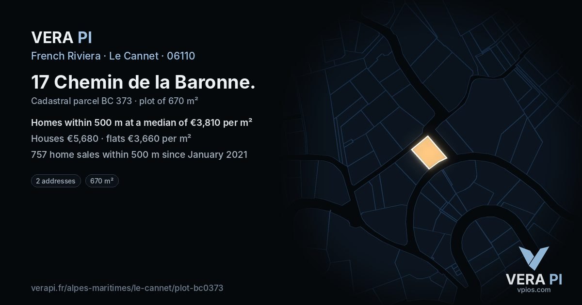 17 Chemin de la Baronne, Le Cannet at night – the plot lit, the parcels around coloured by the prices near them