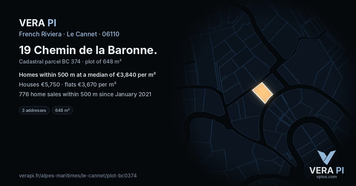 19 Chemin de la Baronne, Le Cannet at night – the plot lit, the parcels around coloured by the prices near them