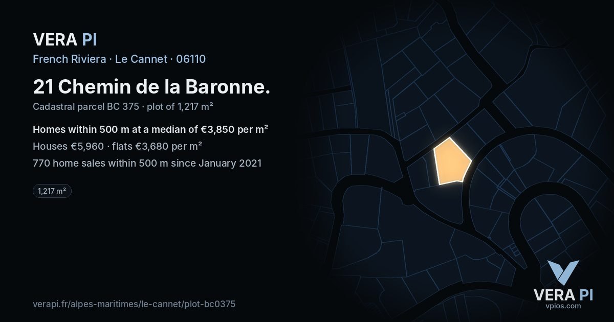 21 Chemin de la Baronne, Le Cannet at night – the plot lit, the parcels around coloured by the prices near them