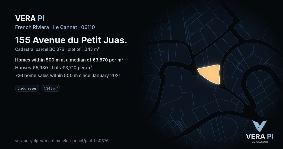 155 Avenue du Petit Juas, Le Cannet at night – the plot lit, the parcels around coloured by the prices near them