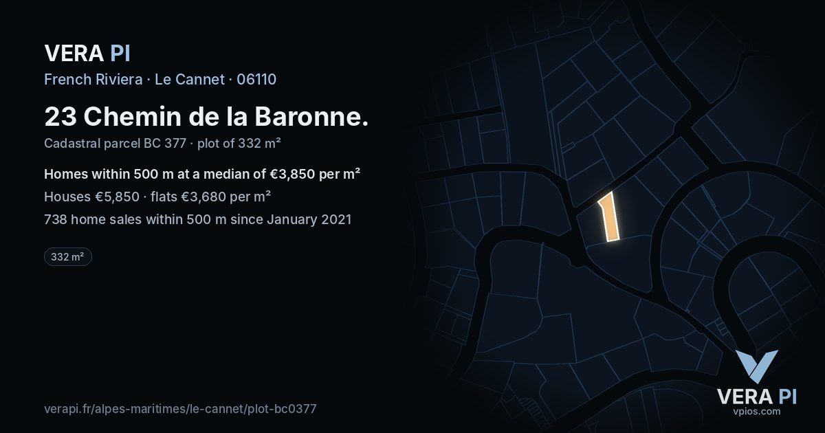 23 Chemin de la Baronne, Le Cannet at night – the plot lit, the parcels around coloured by the prices near them