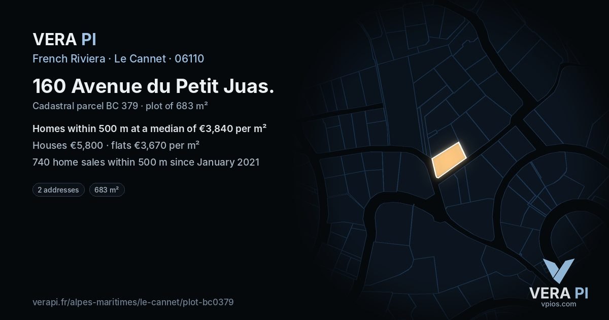160 Avenue du Petit Juas, Le Cannet at night – the plot lit, the parcels around coloured by the prices near them
