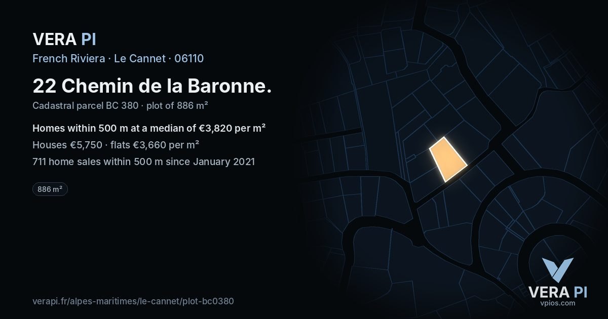 22 Chemin de la Baronne, Le Cannet at night – the plot lit, the parcels around coloured by the prices near them