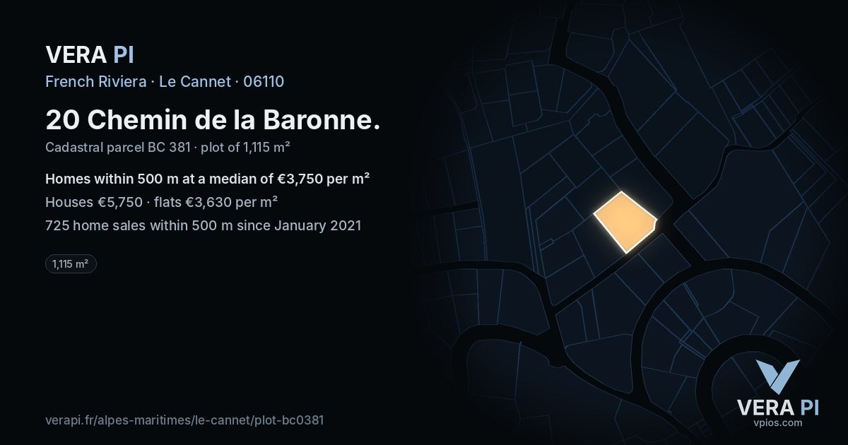 20 Chemin de la Baronne, Le Cannet at night – the plot lit, the parcels around coloured by the prices near them