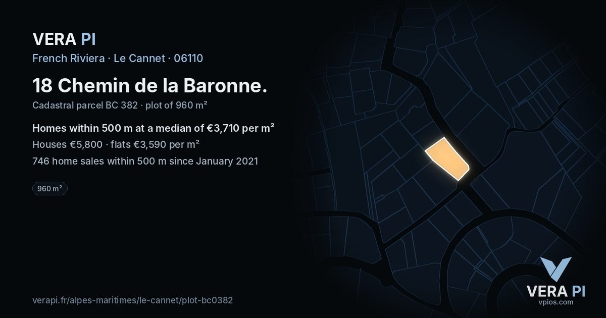 18 Chemin de la Baronne, Le Cannet at night – the plot lit, the parcels around coloured by the prices near them