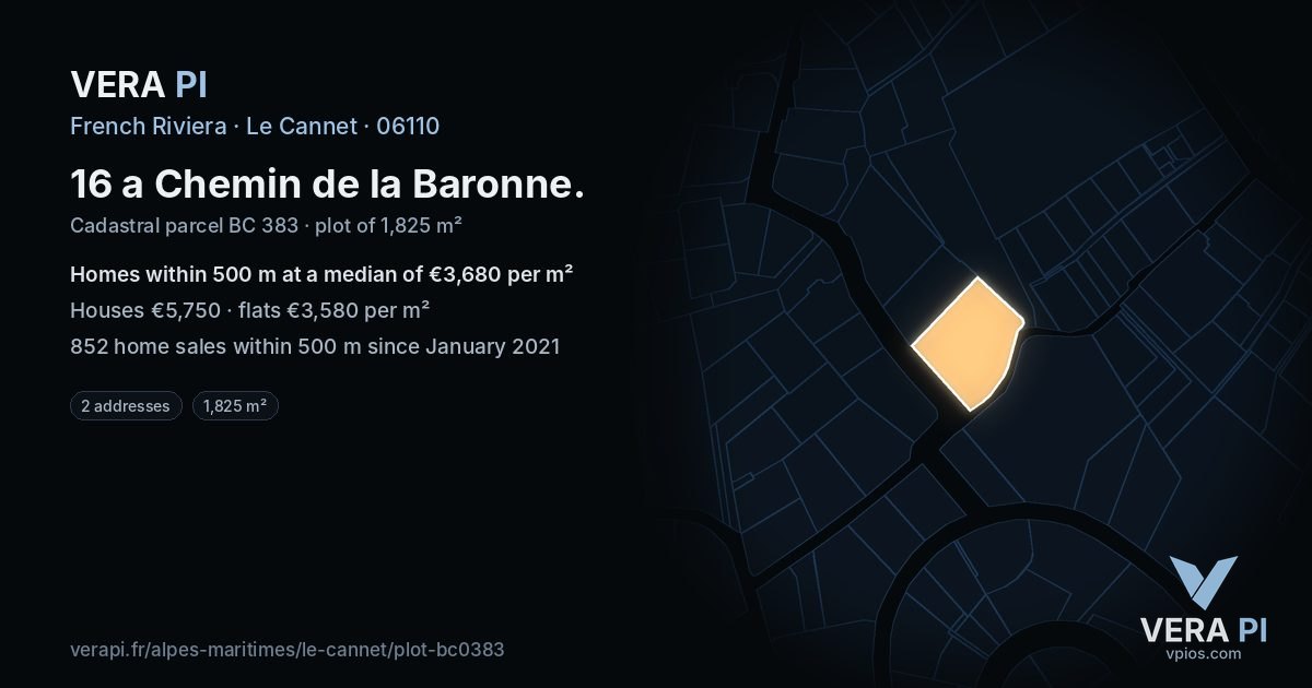 16 a Chemin de la Baronne, Le Cannet at night – the plot lit, the parcels around coloured by the prices near them
