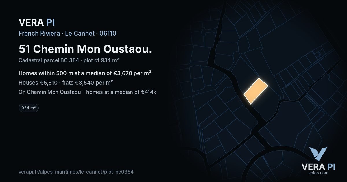 51 Chemin Mon Oustaou, Le Cannet at night – the plot lit, the parcels around coloured by the prices near them