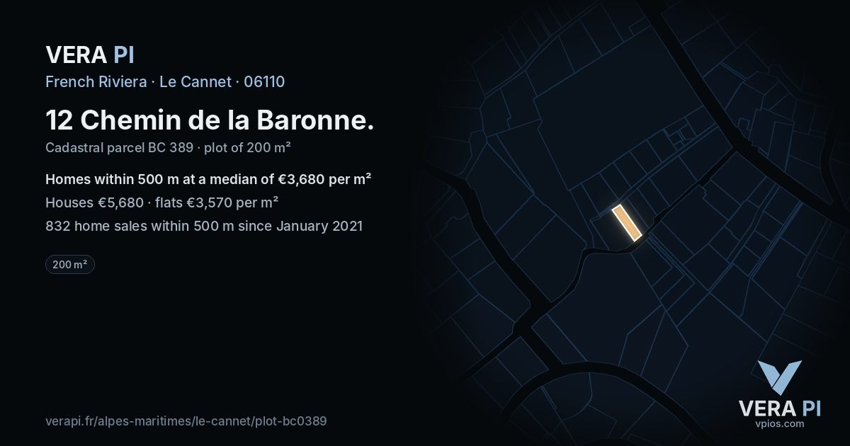 12 Chemin de la Baronne, Le Cannet at night – the plot lit, the parcels around coloured by the prices near them