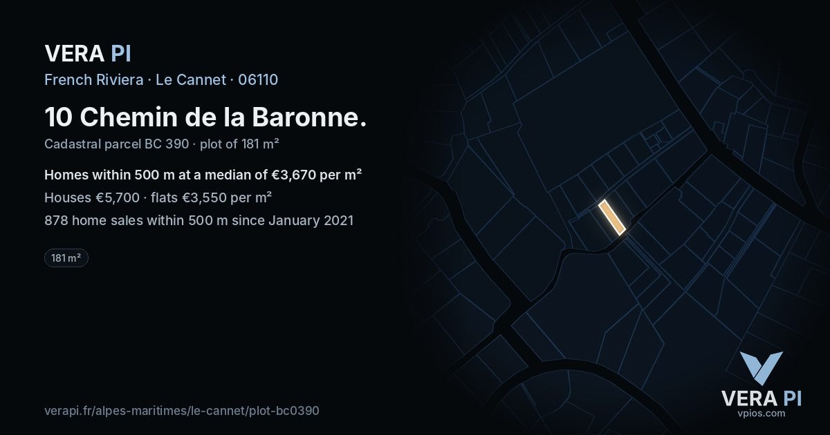 10 Chemin de la Baronne, Le Cannet at night – the plot lit, the parcels around coloured by the prices near them