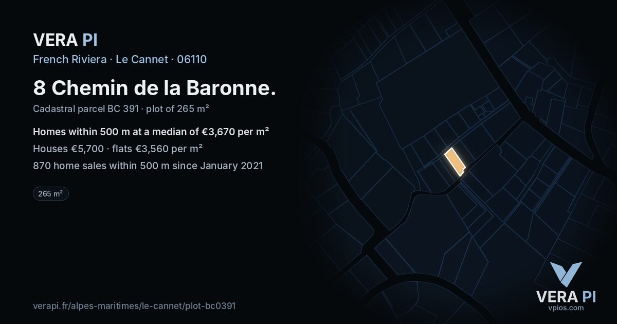 8 Chemin de la Baronne, Le Cannet at night – the plot lit, the parcels around coloured by the prices near them