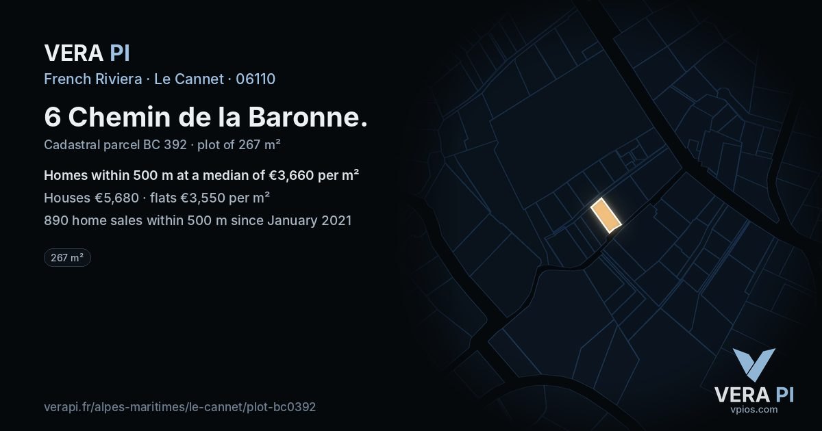 6 Chemin de la Baronne, Le Cannet at night – the plot lit, the parcels around coloured by the prices near them