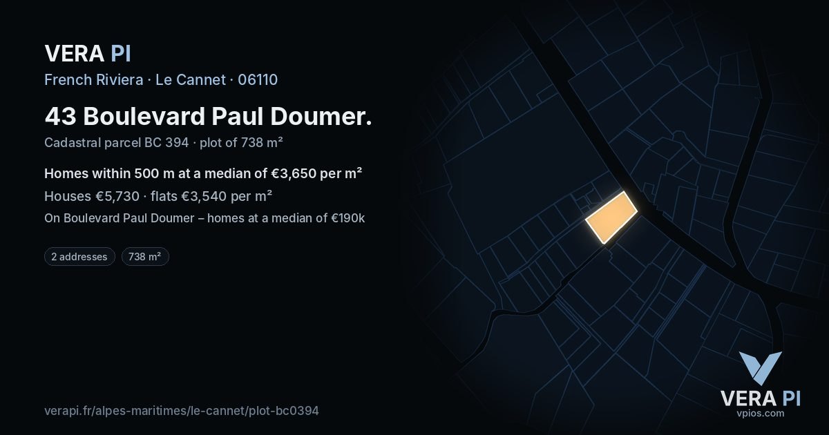 43 Boulevard Paul Doumer, Le Cannet at night – the plot lit, the parcels around coloured by the prices near them