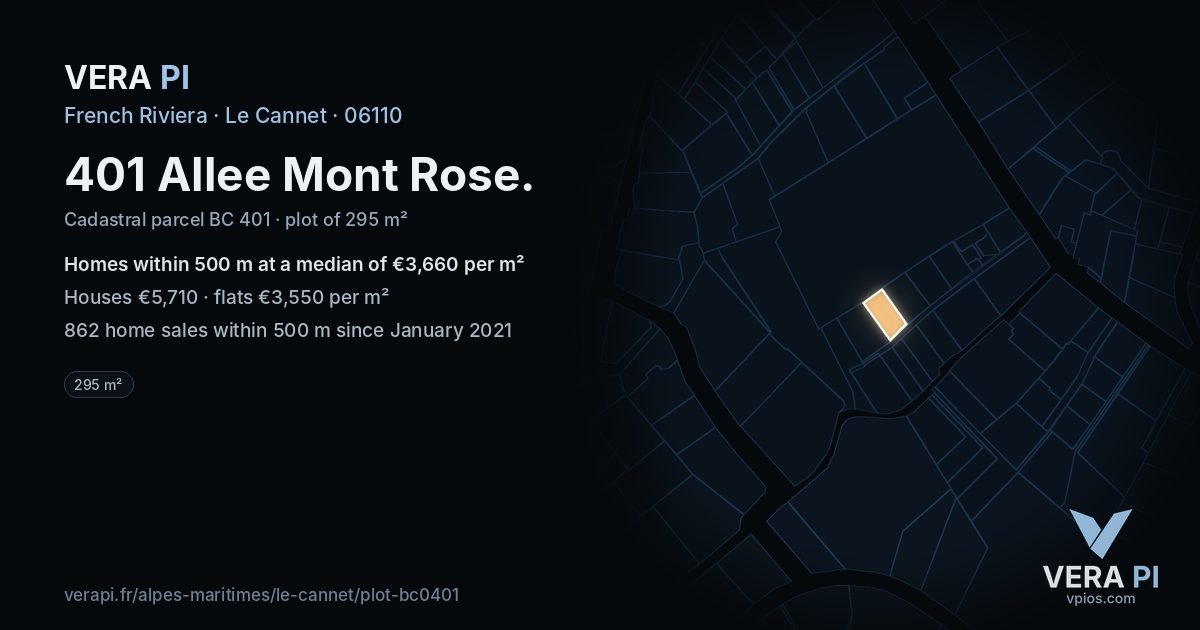 401 Allee Mont Rose, Le Cannet at night – the plot lit, the parcels around coloured by the prices near them