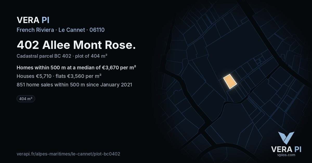 402 Allee Mont Rose, Le Cannet at night – the plot lit, the parcels around coloured by the prices near them