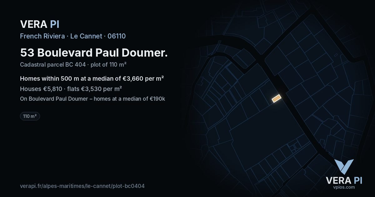 53 Boulevard Paul Doumer, Le Cannet at night – the plot lit, the parcels around coloured by the prices near them