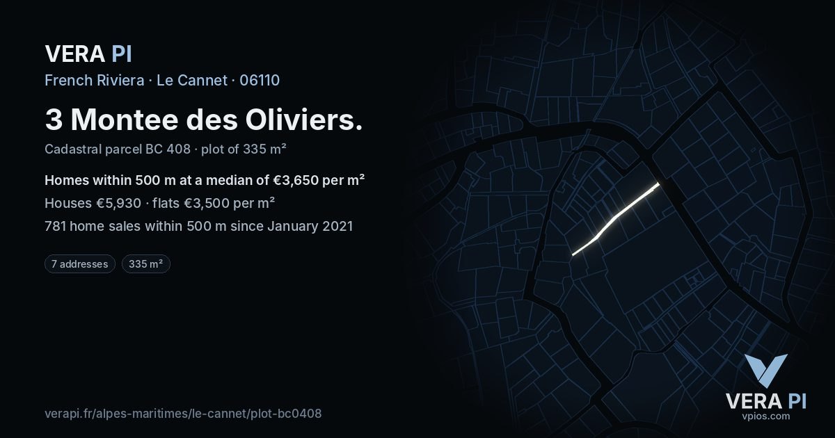 3 Montee des Oliviers, Le Cannet at night – the plot lit, the parcels around coloured by the prices near them