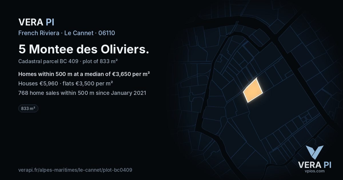 5 Montee des Oliviers, Le Cannet at night – the plot lit, the parcels around coloured by the prices near them