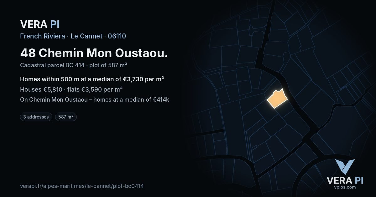 48 Chemin Mon Oustaou, Le Cannet at night – the plot lit, the parcels around coloured by the prices near them