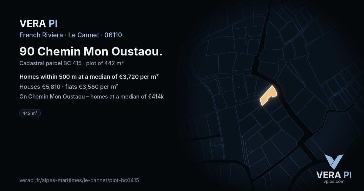 90 Chemin Mon Oustaou, Le Cannet at night – the plot lit, the parcels around coloured by the prices near them
