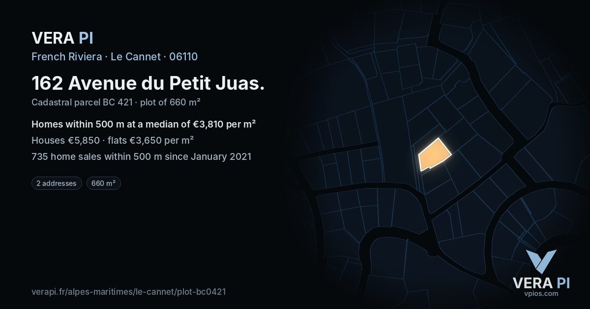 162 Avenue du Petit Juas, Le Cannet at night – the plot lit, the parcels around coloured by the prices near them