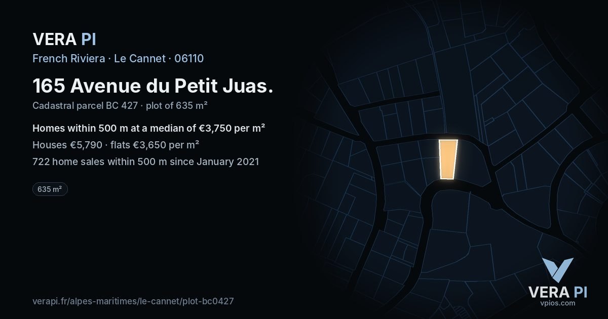 165 Avenue du Petit Juas, Le Cannet at night – the plot lit, the parcels around coloured by the prices near them