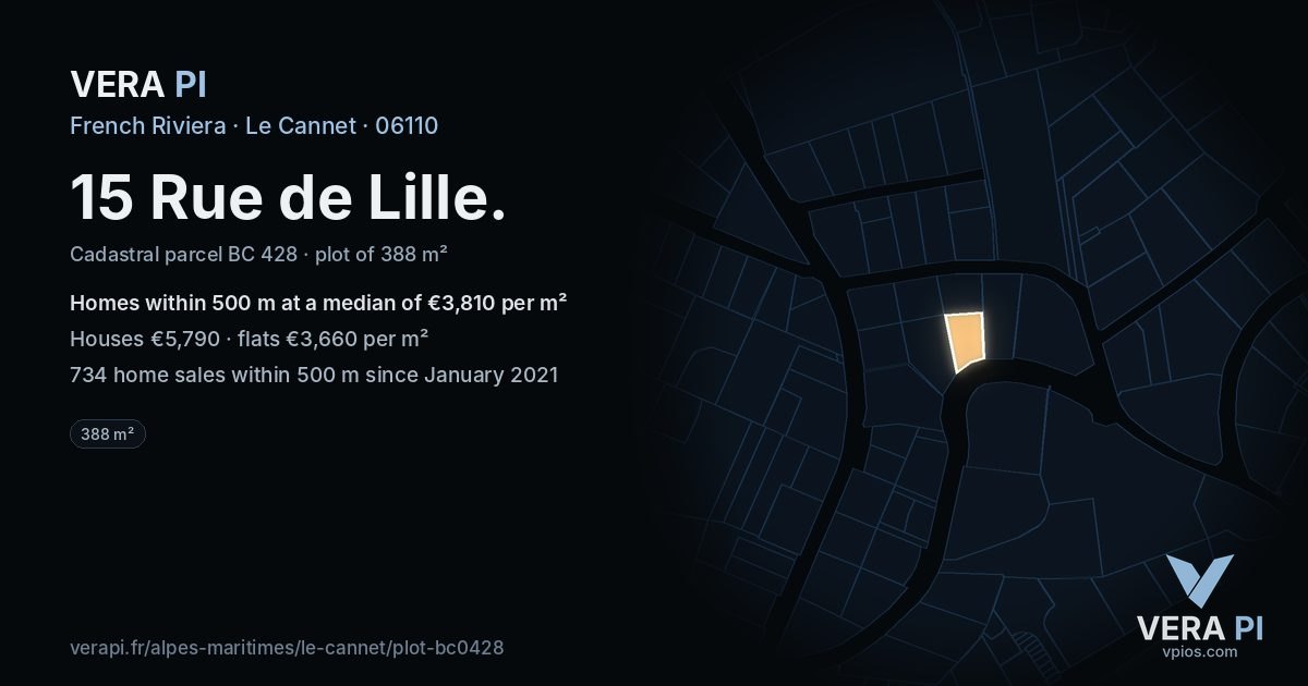 15 Rue de Lille, Le Cannet at night – the plot lit, the parcels around coloured by the prices near them