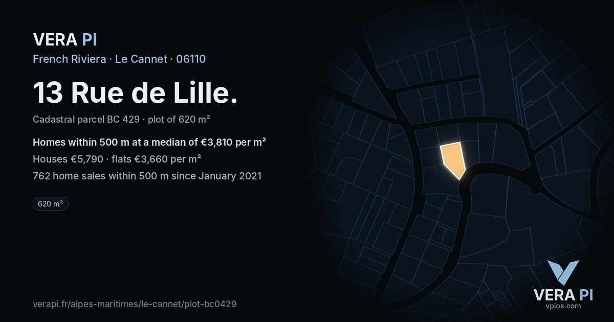 13 Rue de Lille, Le Cannet at night – the plot lit, the parcels around coloured by the prices near them