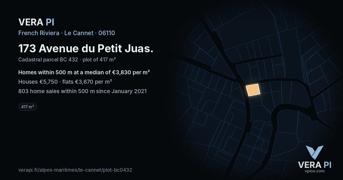 173 Avenue du Petit Juas, Le Cannet at night – the plot lit, the parcels around coloured by the prices near them