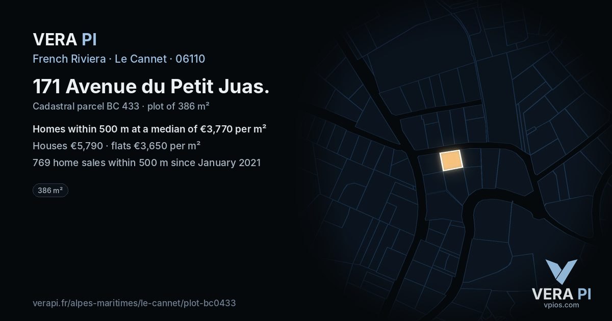 171 Avenue du Petit Juas, Le Cannet at night – the plot lit, the parcels around coloured by the prices near them