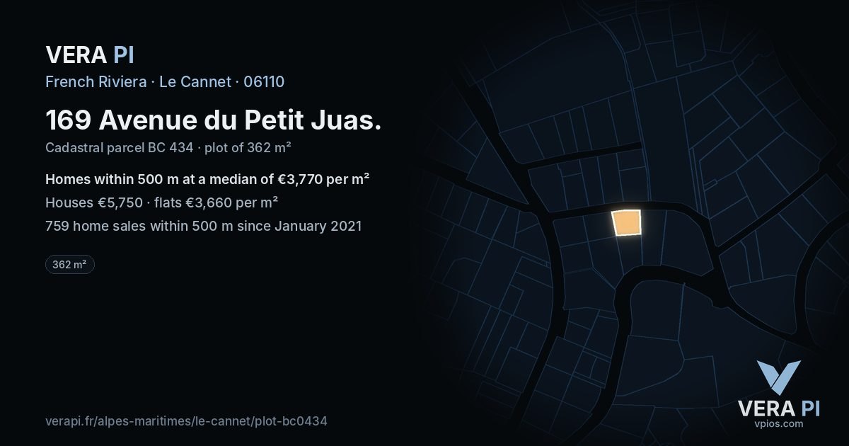 169 Avenue du Petit Juas, Le Cannet at night – the plot lit, the parcels around coloured by the prices near them