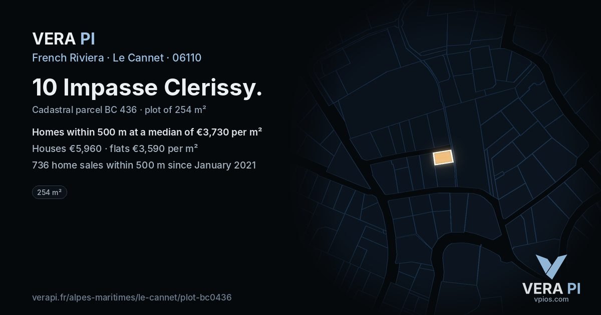 10 Impasse Clerissy, Le Cannet at night – the plot lit, the parcels around coloured by the prices near them