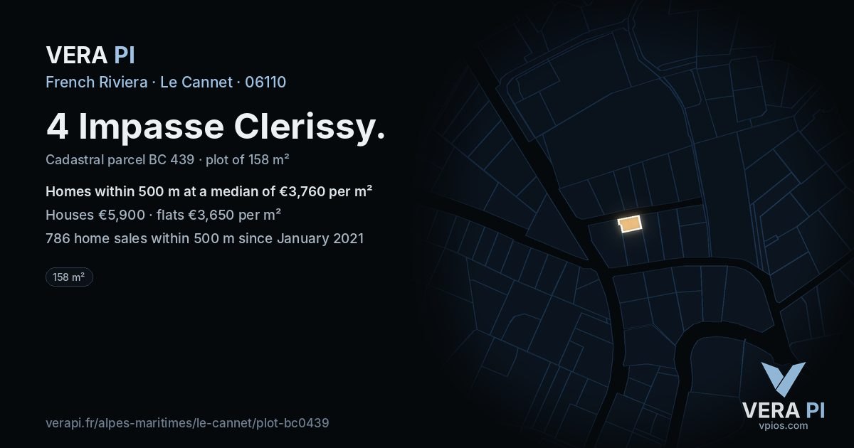 4 Impasse Clerissy, Le Cannet at night – the plot lit, the parcels around coloured by the prices near them