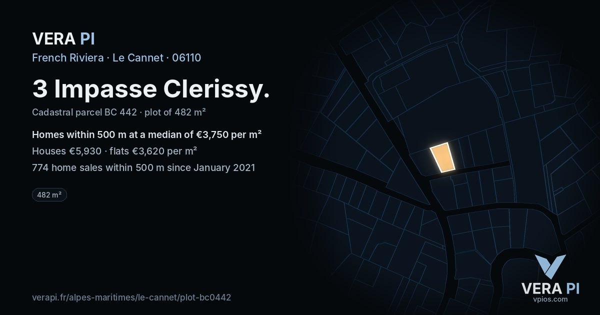 3 Impasse Clerissy, Le Cannet at night – the plot lit, the parcels around coloured by the prices near them