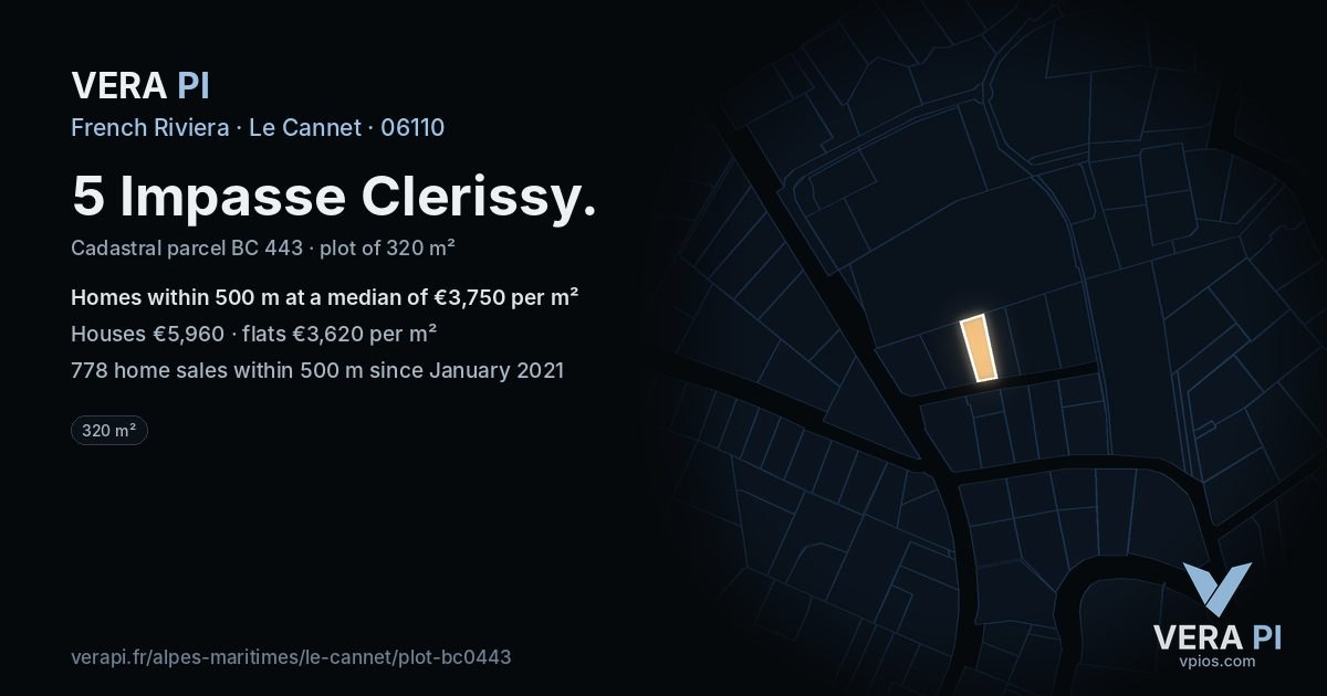 5 Impasse Clerissy, Le Cannet at night – the plot lit, the parcels around coloured by the prices near them