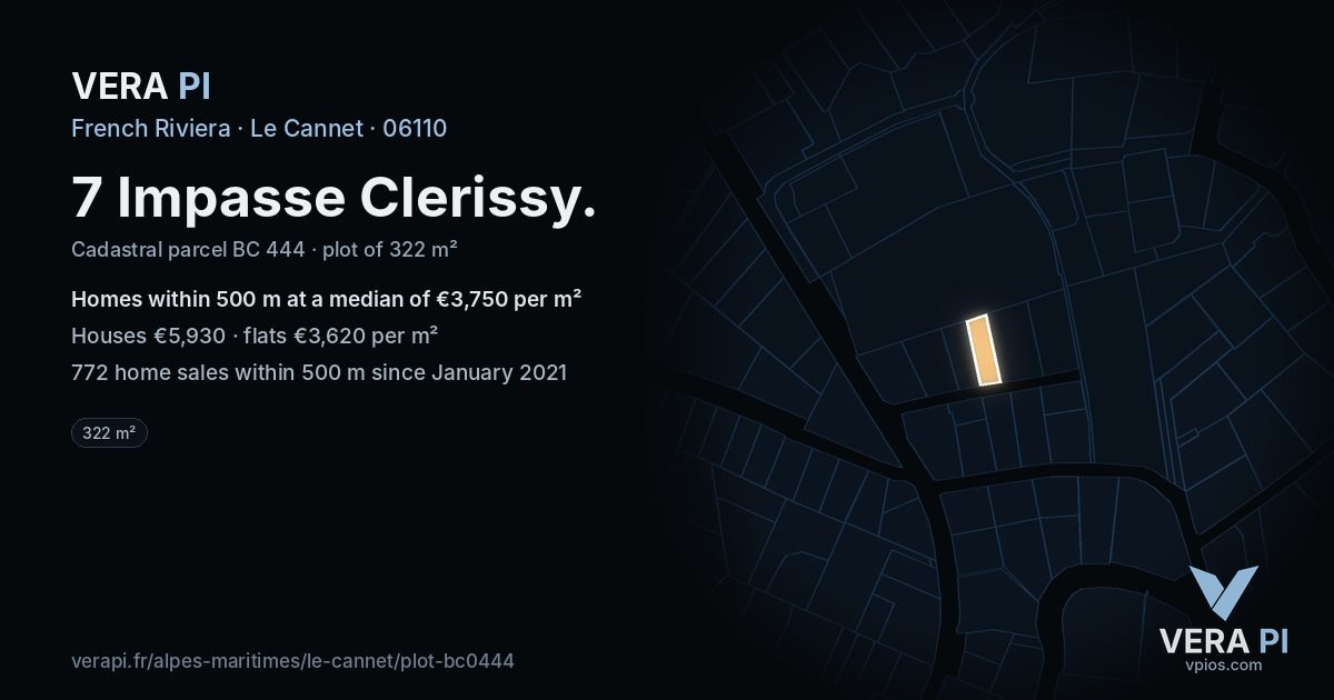 7 Impasse Clerissy, Le Cannet at night – the plot lit, the parcels around coloured by the prices near them