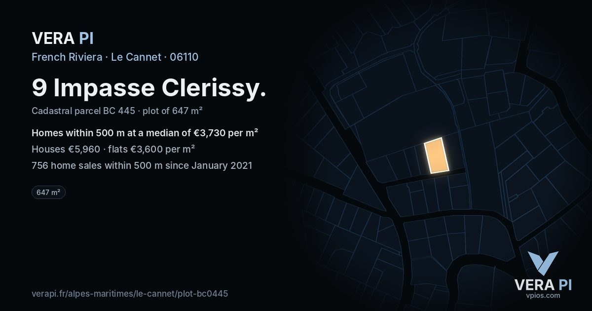 9 Impasse Clerissy, Le Cannet at night – the plot lit, the parcels around coloured by the prices near them