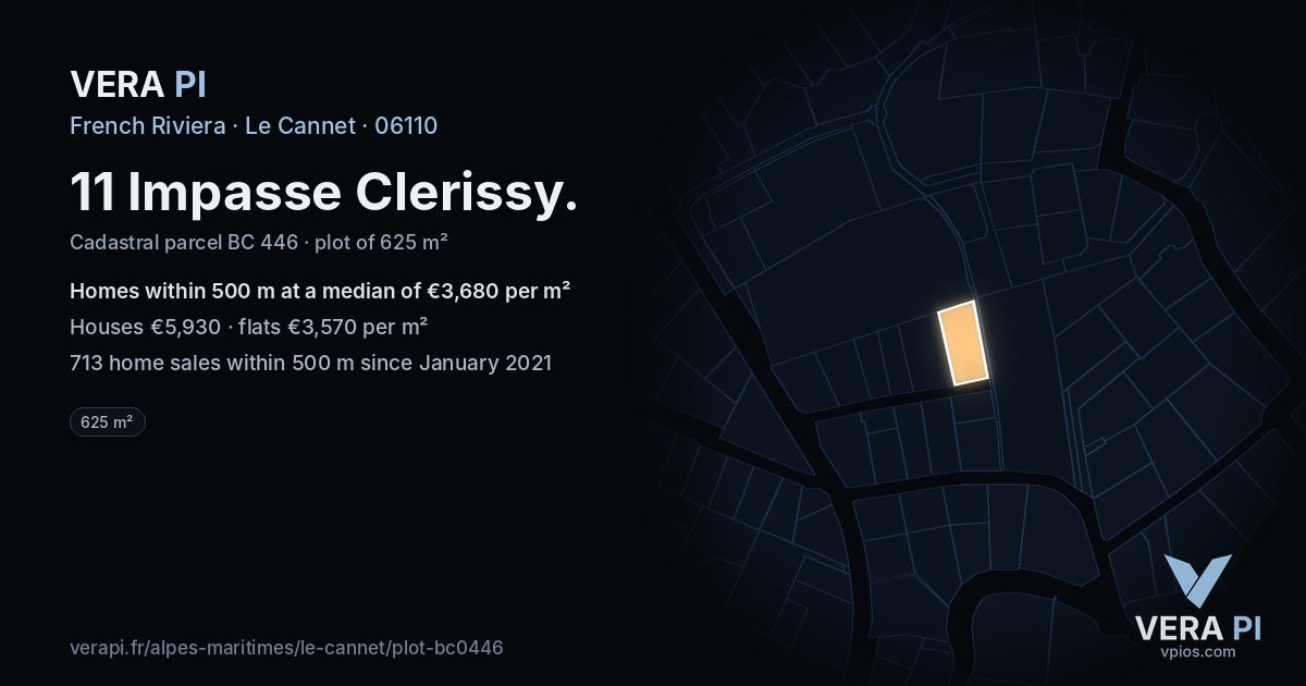 11 Impasse Clerissy, Le Cannet at night – the plot lit, the parcels around coloured by the prices near them
