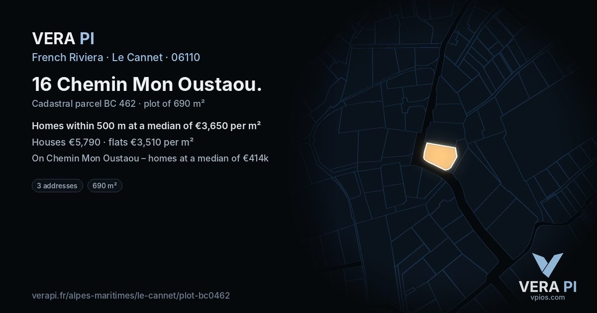 16 Chemin Mon Oustaou, Le Cannet at night – the plot lit, the parcels around coloured by the prices near them